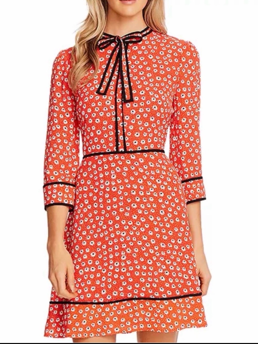 CeCe red  Floral Tie-Neck A-Line Dress with Black Trim